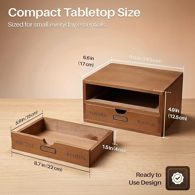 Flexzion Wood Desk Organizer with 2 Drawers, Vintage Desktop Drawers Cabinet for Office Supplies, Home Workspace, Countertop, Vanity, Craft Tools & Mail, No Assembly Required