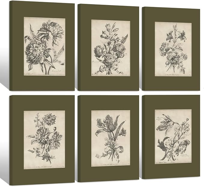 Vintage Floral Wall Art Sketch Flower Prints Antique Botanical Canvas Wall Art Decor Vintage Etchings Floral Poster Green Botanical Painting Sage Green Artwork for Bedroom 8x10x6 Inch Wrapped Canvas