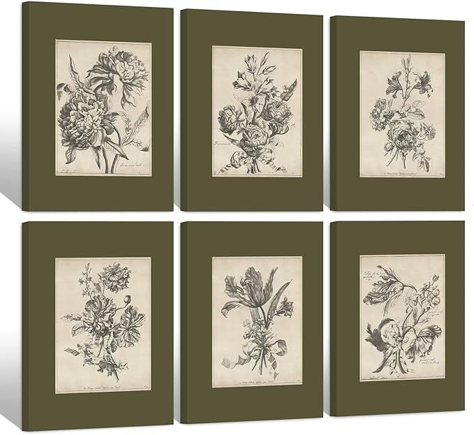 Vintage Floral Wall Art Sketch Flower Prints Antique Botanical Canvas Wall Art Decor Vintage Etchings Floral Poster Green Botanical Painting Sage Green Artwork for Bedroom 12x16x6 Inch Wrapped Canvas