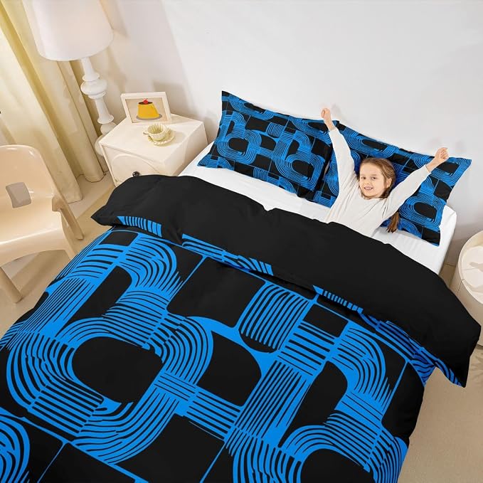 Erosebridal Black and Blue Duvet Cover Queen Size for Boys Bohemian Geometric Bedding Set Mid Century Abstract Comforter Cover for Kids Teens Youth Women Boho Stripes Minimalist Bed Sets, Breathable