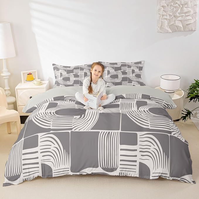 Erosebridal Mid Century Teens Duvet Cover 3 Piece Bohemian Ethnic Bedding Set King Size Boho Geometric Comforter Cover for Kids Boys Adult Bedroom Modern Simple Gray Stripes Bed Sets