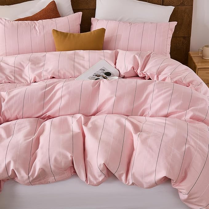 Merryword Pink Striped Duvet Cover Set King Size - 100% Cotton Bedding Set with Wide Zipper & 8 Corner Ties, Soft Breathable Bedding Set Elegant Pastel Comforter Cover for All Seasons