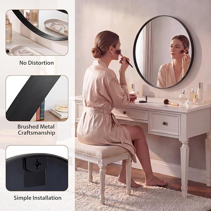 NEWBULIG 24-Inch Round Wall Mirror, Bathroom Wall Circle Mirror with Metal Frame, Bathroom Decor for Entryway, Living Room, Vanity, Black