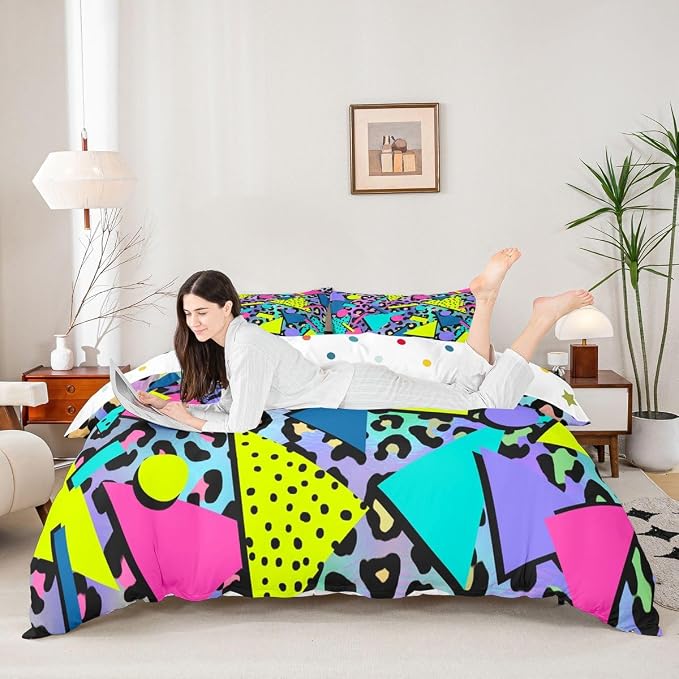 Retro 80s 90s Bedding Set Twin,Abstract Geometric Duvet Cover Urban Modern Circles and Triangle Comforter Cover Colorful Pop Art Inspired Pattern Quilt Cover Mens Hipster Hip-Hop Room Decor