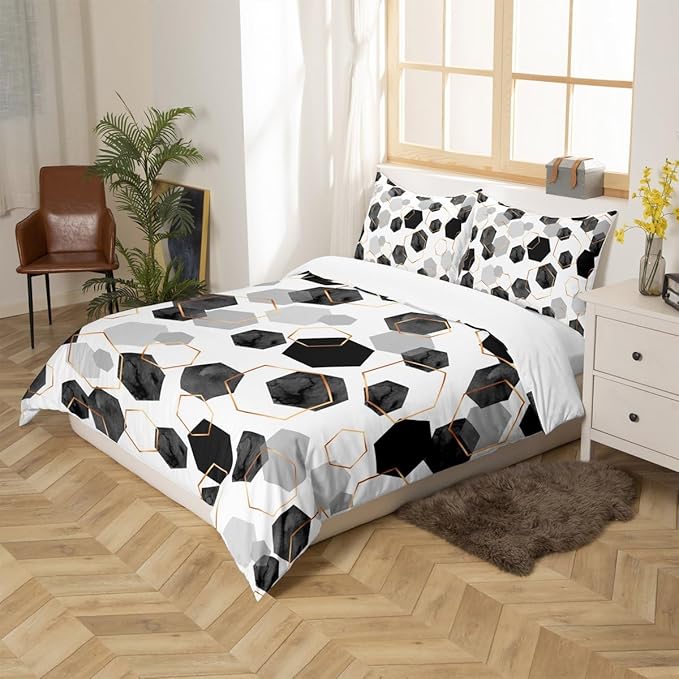 Erosebridal Black and Grey Duvet Cover for Bedroom - Marbling Geometric Art Kids Bedding, Minimalist Abstract Golden Striped Bed Sets for Home Decor, Full 3 Pieces (No Comforter)
