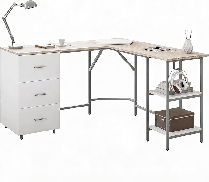Techni Mobili L Shaped Desk - Two-Toned Computer Desk with Drawers & Storage Shelves - Simple Modern Furniture & Home Office Space Corner Table for Work & Writing