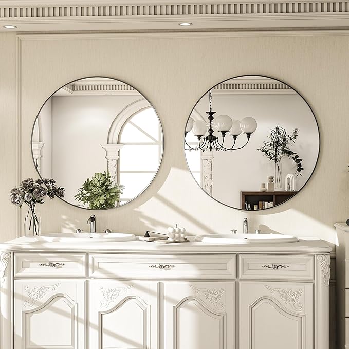 Round Mirror Wall Mounted Mirror - 28" Circle Mirror Bathroom Vanity Mirror with Aluminum Frame for Bedroom Living Room, Entryway Decor Black