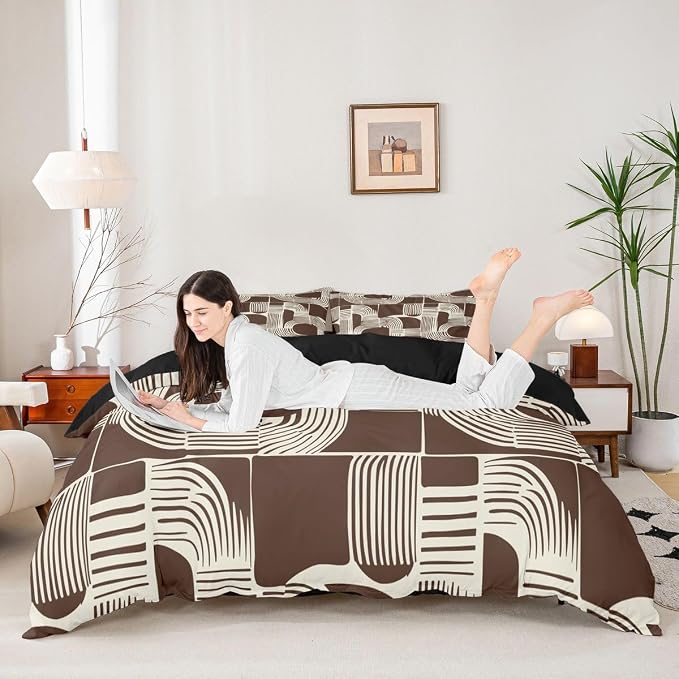 Erosebridal Bohemian Geometric Full Bedding Set for Boys Mid Century Abstract Comforter Cover for Kids Teens Adult Brown Boho Ethnic Duvet Cover Modern Abstract Striped Bed Sets with 2 Pillow Cases