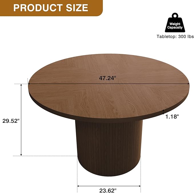 47 Inch Round Dining Table, Farmhouse Fluted Dining Kitchen Table, Modern Wood Small Circle Dining Table for Kitchen Living Room, Walnut