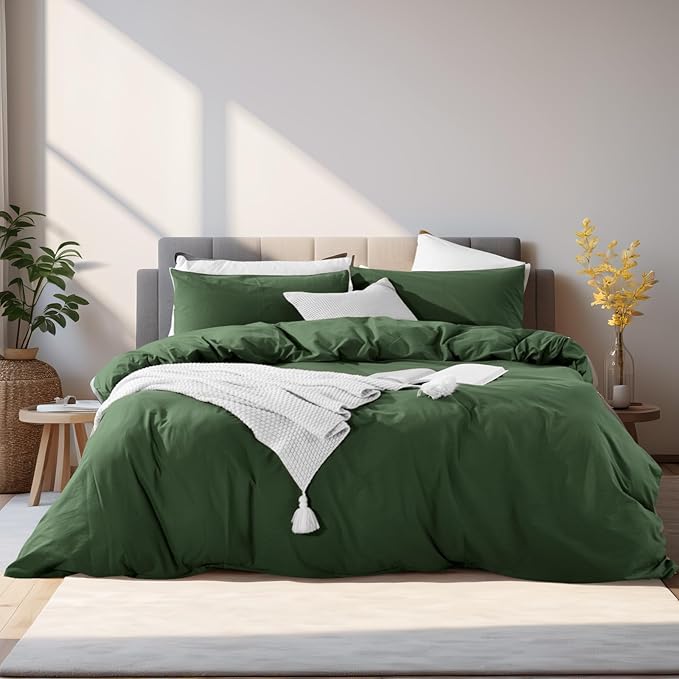 NEXHOME PRO Duvet Cover Set Super King Size, Linen Look Textured Organic Natural 100% Washed Cotton Duvet Cover Forest Green 3 Pieces Bedding Set with Zipper, Breathable(108"x98", No Comforter)