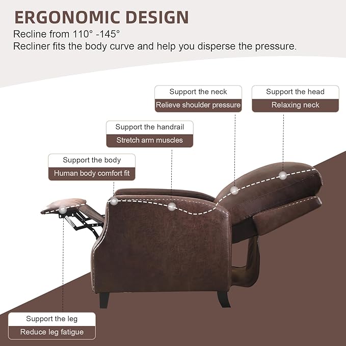 Push Back Recliner Chair Faux Leather Pushback Armchair with Rivet Decoration Wingback Single Sofa Chair with Padded Seat Solid Wood Legs for Living Room, Comfy Upholstered, Reddish Brown