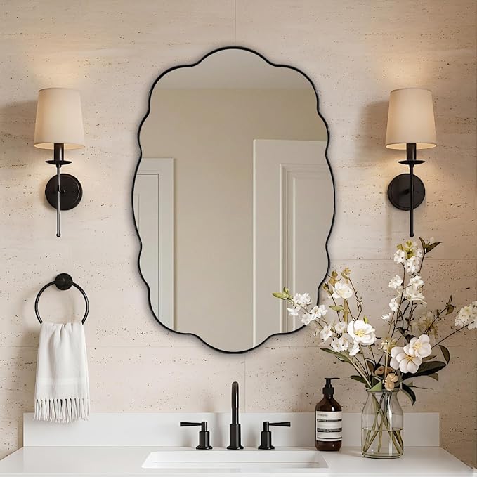 ANDY STAR Matte Black Wavy Scalloped Wall Mirror -24x32 Inch Oval Bathroom Vanity Mirror for Vanity, Living Room & Entryway, Anti Rust Stainless Steel Wall Mount Horizontal or Vertical