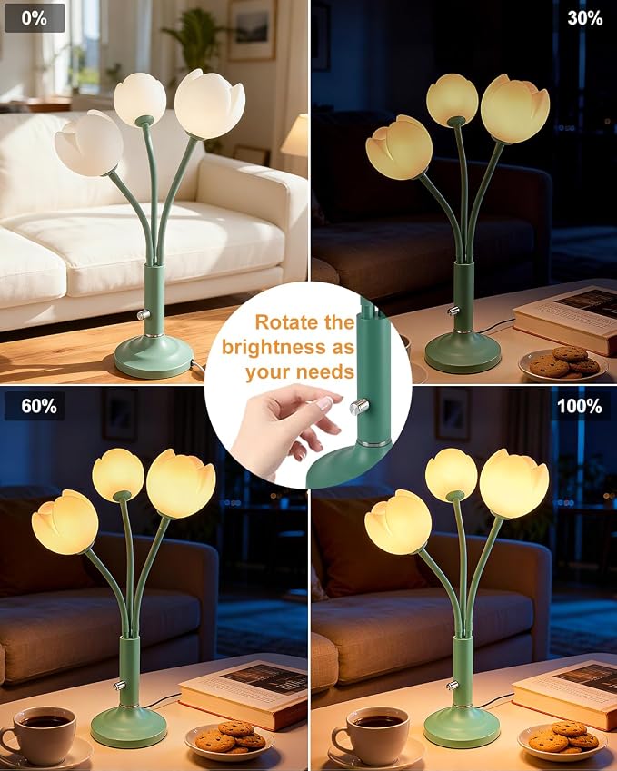 3-Light Tulip Table Lamp with LED Bulbs Included, Dimmable Cute Flower Desk Lamp, Aesthetic Green Floral Nightstand Lamp, Adjustable Gooseneck Bedside Lamp for Bedroom, Living Room, Home Office