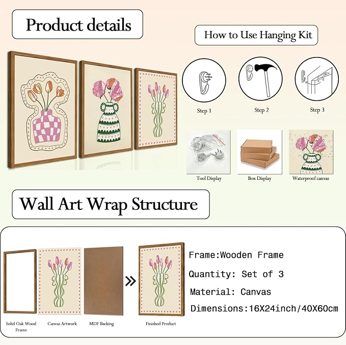 Framed Boho Floral Canvas Wall Art Set of 3, Pink Tulip Flower Paintings Wall Decor, Abstract Botanical Pictures Prints Minimalist Home Decor Aesthetic for Living Room Bedroom Office 16×24 inch