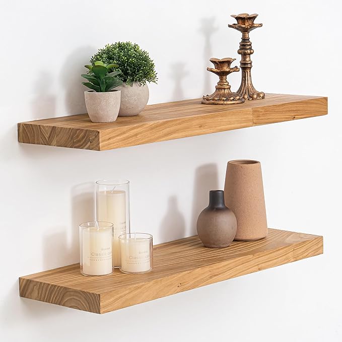 Extra Deep 24" Long Rustic Solid Wood Floating Shelves for Wall, Wall Shelves with Invisible Bracket for Living Room Bathroom Bedroom Kitchen, Set of 2, Walnut