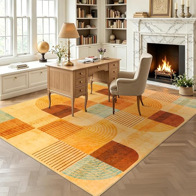 5x7 Area Rugs for Living Room, Soft Modern Geometric Rug for Bedroom, Washable Non-Slip Indoor Floor Abstract Carpet for Dining Room Nursery Home，Multi/Orange