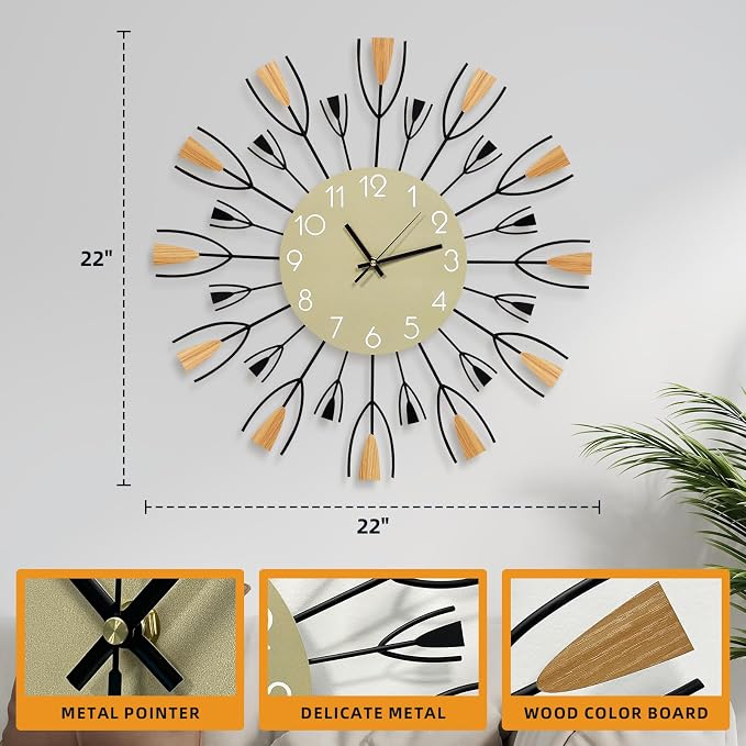 24 Inch Large Modern Wall Clock – Mid Century Sunburst Decorative Silent Non-Ticking Battery Operated Metal Analog Clocks for Living Room, Entryway, Bedroom, Office