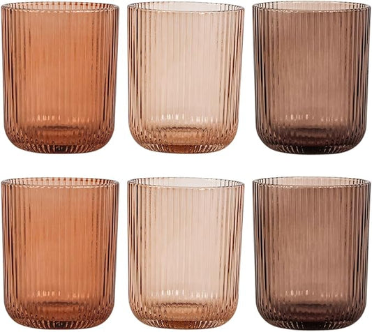 Melanin Ribbed Drinking Glasses Set of 6,8.5oz Colored Vintage Highball Tumblers,Amber Glassware for Juice,Milk,Coffee & Cocktails,Gift for Party,Housewarming,Mother's Day