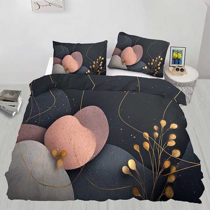 Mid Century Modern Abstract Duvet Cover Full Size, Dark Gray Black Rose Pink Geometric Bedding Set 3 Piece, Abstract Geometric Botanical Patterned Comforter Cover with Zipper, 2 Pillowcases