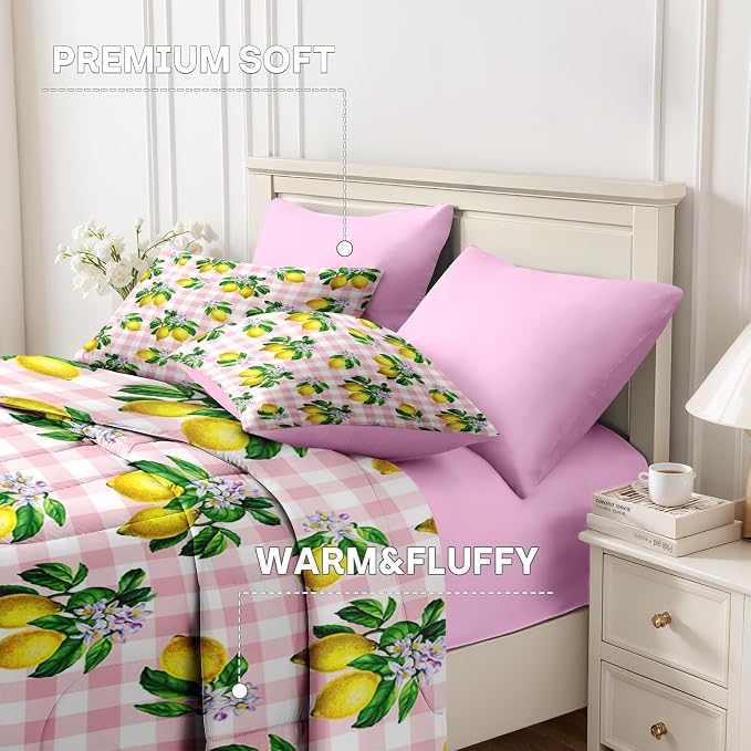 Nesker 7 Pcs Comforter Set Queen Size, Stripe Lemons Fruit Bedding Set for Kids and Adults, Summer Palm Pink White Plaid Sheets Bed Sheet Sets with Fitted Sheet 2 Pillowcases & 2 Shams