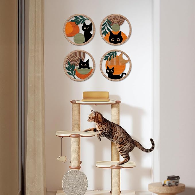 TOARTi 4PCS Minimalist Boho Black Cat Wall Art Geometric Wooden Cat Wall Decor Bohemian Black Cats Hanging Sign Abstract Boho Cats Wood Sign Farmhouse Aesthetic Geometric Artwork
