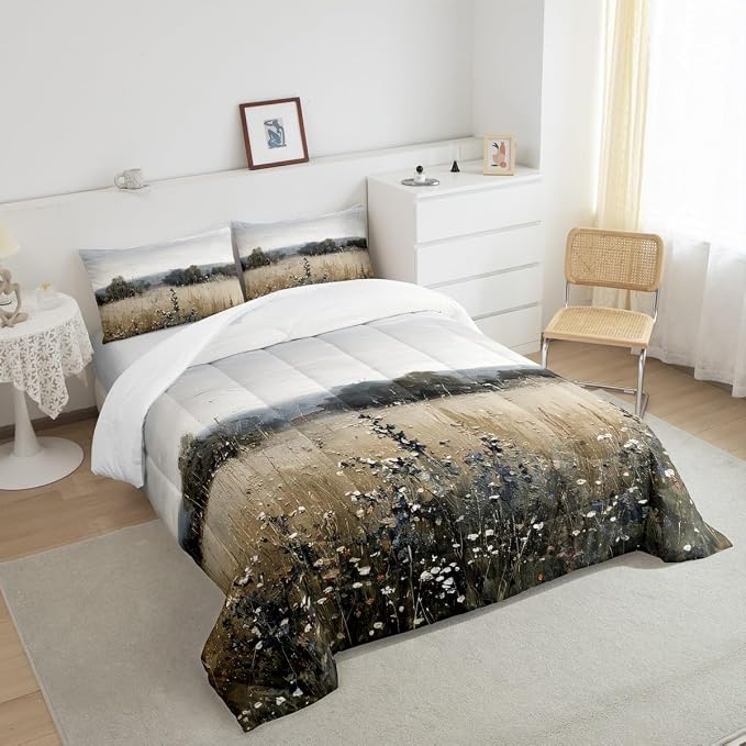 Erosebridal Vintage Farmhouse Comforter Rustic Wildflower Field Toddler Bedding Set Classical Flowers Landscape Bedding for Kids Adults Nature Countryside Scenery Duvet Insert 2Pcs Room Decor