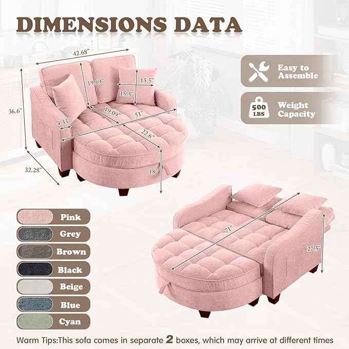 Oversized Chaise Lounge Chair Indoor with Ottoman, Chenille Tufted Comfy Loveseat Sofa Chair with Adjustable Backrest, Fluffy Recliner Sofa, Convertible Sleeper Couch Bed for Living Room(51"W, Pink)