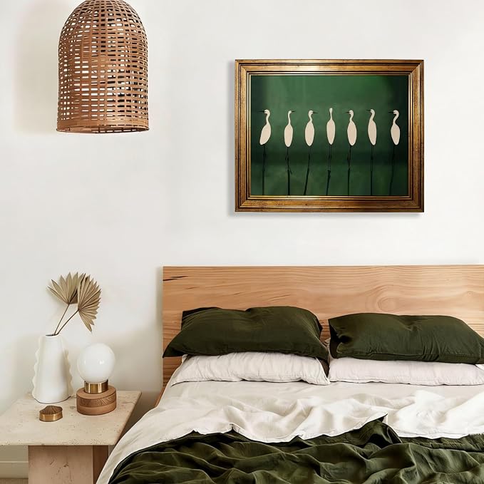 Japanese Cranes Wall Art 12x16 inch Gold Framed Retro Bird Animal Canvas Poster Nature Minimalist Green Home Prints for Living Room Bedroom Office Decor