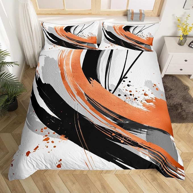 Erosebridal Black Burnt Orange Duvet Cover Queen - Modern Geometric Decorative Abstract Bedding Striped Bed Set for Boys Adults Girls Minimalist Graffiti Aesthetic Lines Bed Cover