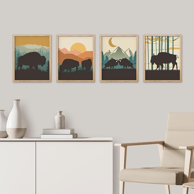 SIGNWIN Framed Country Farmhouse Vibrant Bison Wall Art, Set of 4 Silhouette Animals Wall Decor Prints, Wilderness Nature Wall D¨¦cor for Living Room, Bedroom - 12"x16" Natural
