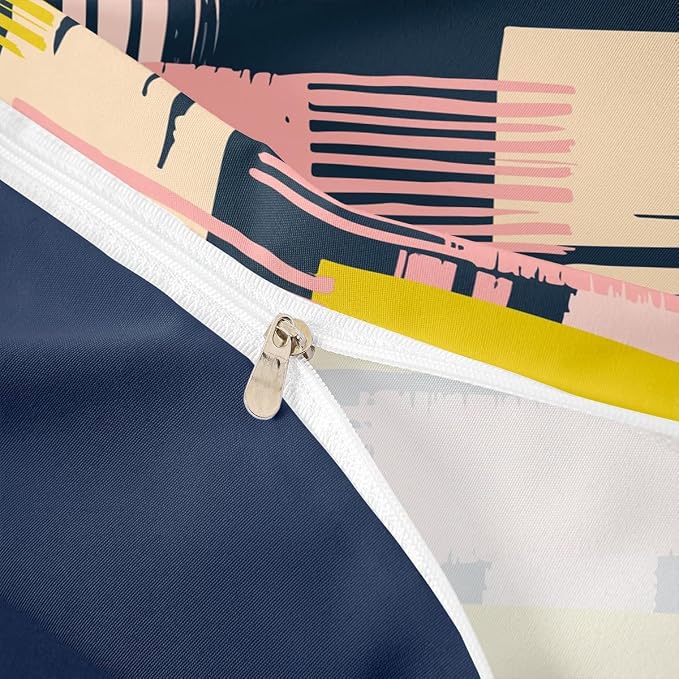 Vintage Mid Century Comforter Cover Retro Minimalism Bed Set Hippie Watercolor Duvet Cover Queen Size Pink Beige Navy Ombre Bedding Sets, Geometric Stripe Patchwork Bedspread Cover Abstract Decor