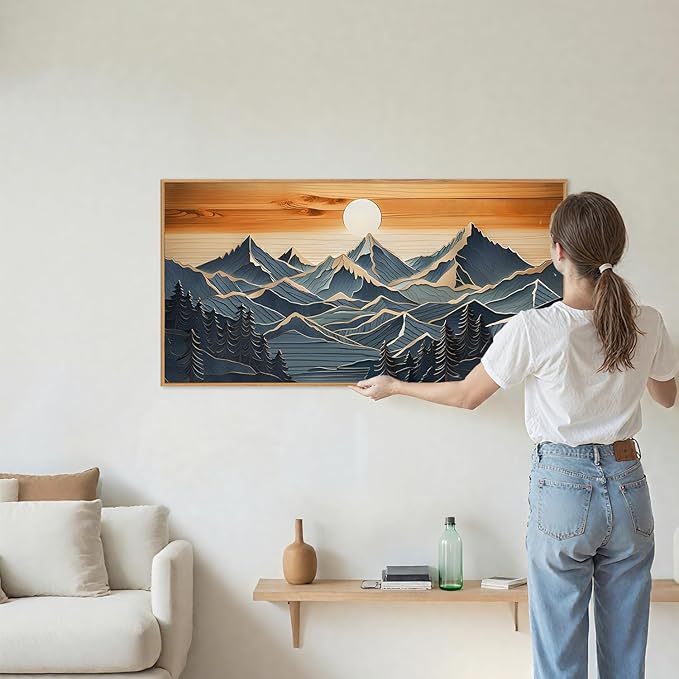 Tinonedraw Large Mountains Framed Canvas Wall Art, Boho Nature Woodcut Forest Art Prints, Mid Century Modern Wall Decor, Sunset Landscape Art Paintings for Living Room Bedroom Office 20"x40"