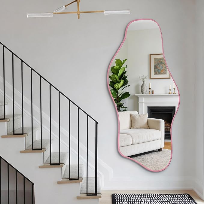 Large Irregular Mirror, 63"x30" Pink Asymmetrical Tempered Glass Mirror Full Length, Organic Frameless Wall Mirrors for Entryway Hallway Bedroom Living Room, Horizontal or Vertical Hanging