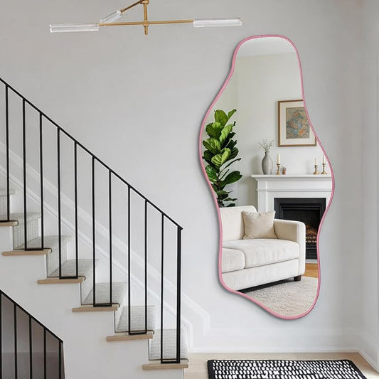 Large Irregular Mirror, 63"x30" Pink Asymmetrical Tempered Glass Mirror Full Length, Organic Frameless Wall Mirrors for Entryway Hallway Bedroom Living Room, Horizontal or Vertical Hanging