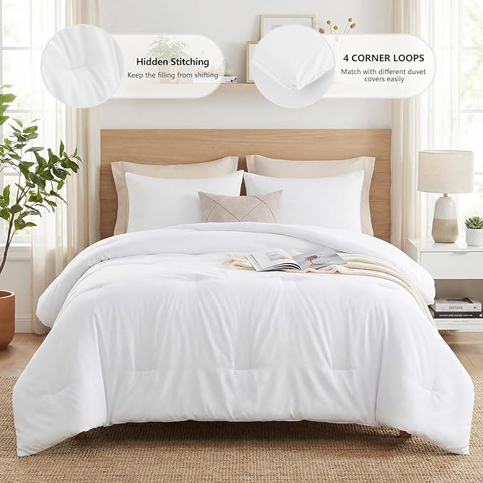 CozyLux King Size Comforter Set White, 3 Pieces Lightweight Down Alternative Quilted Bedding Sets, Gray All Season Soft Breathable Solid Comforter with 2 Pillowcases, Luxury Bed Set Gift for Home