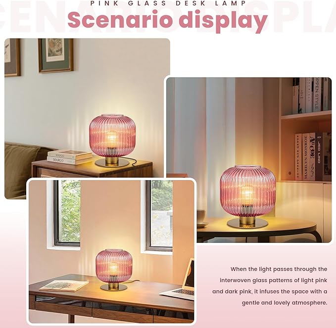 Small Bedside Table Lamp, Pink Bedside Lamp Globe Table Lamps with Striped Glass Shade, Modern Bedroom Nightstand Lamp Living Room Side Table Lamp Decorative Table Lamps for Girls Women