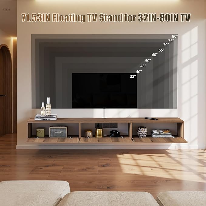 Solid Wood Floating TV Shelf, 71'' Wall Mounted TV Cabinet, Floating Shelves with 3 Doors, Wooden Mid-Century Entertainment Media Console Center Large Storage Under TV (Walnut)