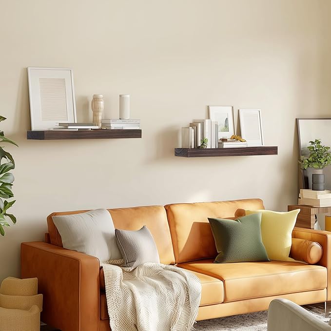 Floating Wall Shelf 16x6.8x1.7 Inch – Solid Wood Shelf in Walnut Finish – Wall Mounted Rustic Display Organizer for Bathroom, Kitchen, Bedroom, Small Spaces – Set of 2