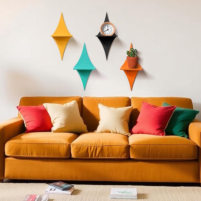 Threehoney Mid-Century Modern Wall Set of 4 Colorful Floating Display Shelves Retro Style Starburst Wall Mounted Shelves Storage for Bedroom, Living Room Decor(Rhombus)
