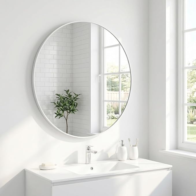 HARRITPURE Round Mirror 20" White Wall Mounted Circle Mirrors Vanity Mirror with Brushed Aluminum Alloy Frame Modern Decoration for Bathroom, Living Room, Vanity, Bedroom, Entryway