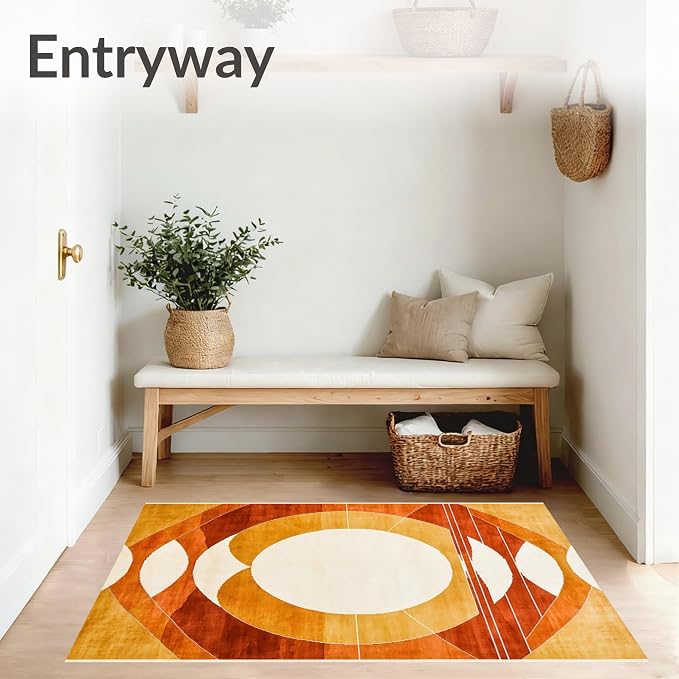 Flatwoven High Traffic Area Rug 6x9, Retro Sunshine Carpet with Layered Half Moon Arches and Warm Hues, Non Slip, Stain Resistant, Washable Area Rugs for Living Room, Bedroom (Brown, 6x9)