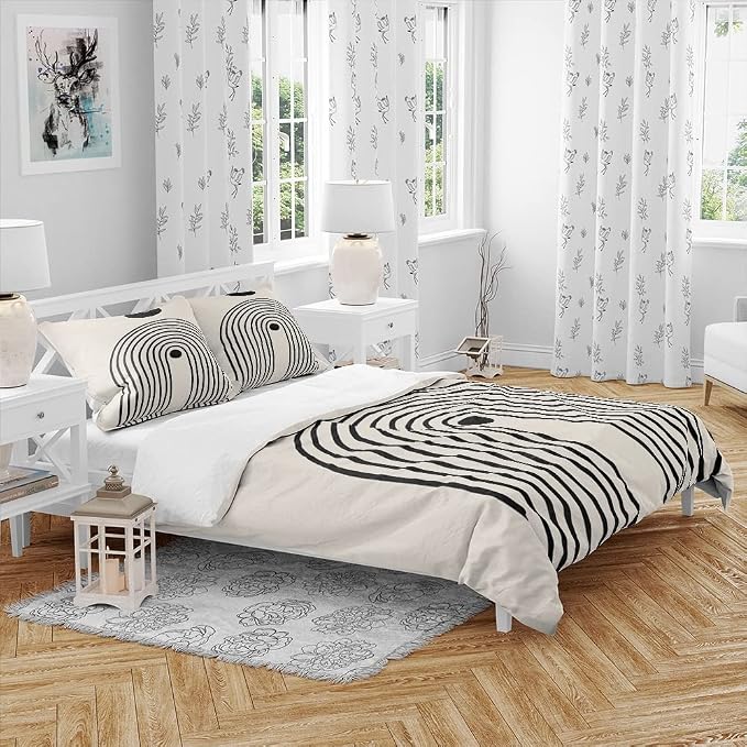 Black Beige Mid Century Modern Duvet Cover Set King Size 1 Duvet Cover 2 Pillowcases Abstract Geometric Black Sun Art Boho Comforter Cover Microfiber Soft Bedding Sets with 2 Pillowcover