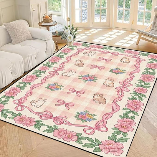 5'x7' Cat Floral Area Rug Pink Bow Flower Carpet Washable Rug Cute Cartoon Boho Floor Mat for Bedroom Living Room Nursery Playroom Classroom Home Decor