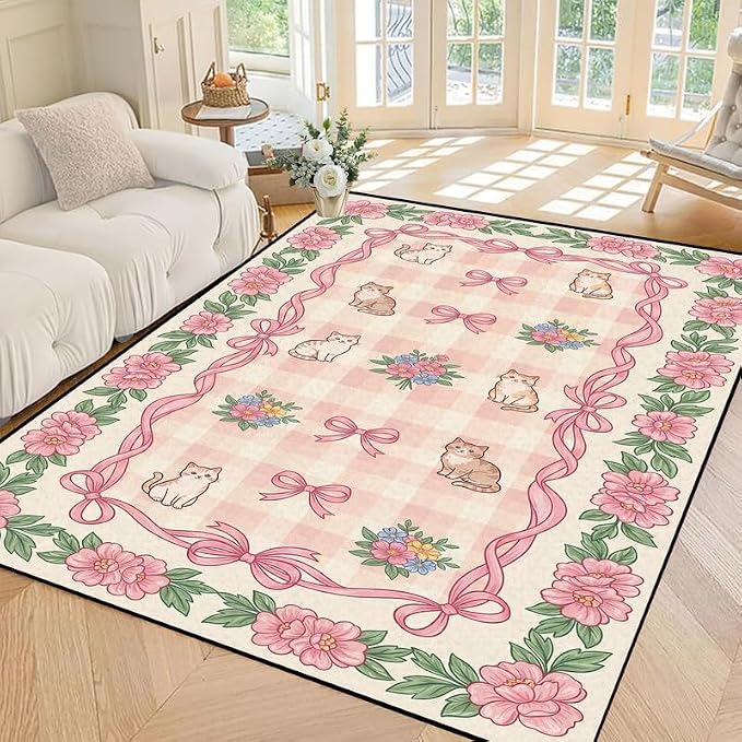 4'x6' Cat Floral Area Rug Pink Bow Flower Carpet Washable Rug Cute Cartoon Boho Floor Mat for Bedroom Living Room Nursery Playroom Classroom Home Decor