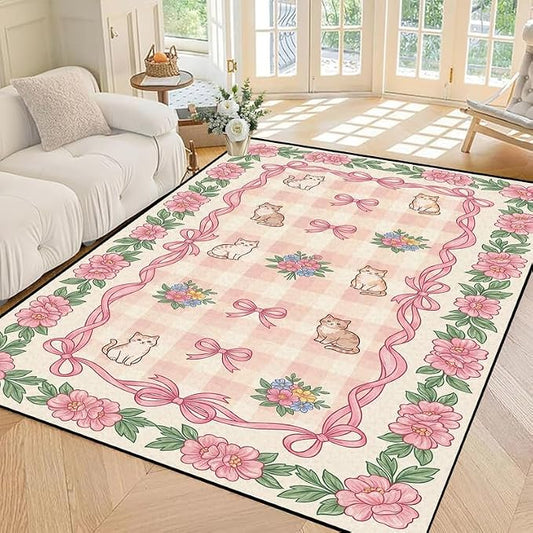 4'x6' Cat Floral Area Rug Pink Bow Flower Carpet Washable Rug Cute Cartoon Boho Floor Mat for Bedroom Living Room Nursery Playroom Classroom Home Decor