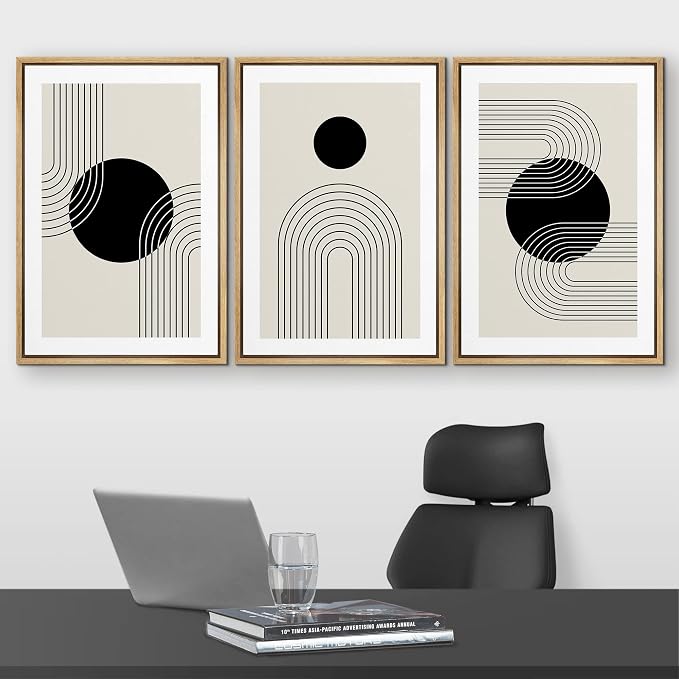 wall26 Framed Wall Art Print Set Boho Black Dots with Swirling Line Art Abstract Patterns Digital Art Modern Art Bohemian Chic Relax/Calm for Living Room, Bedroom, Office - 16"x24"x3 Natural