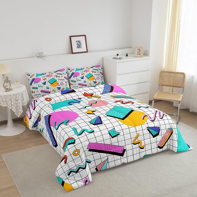 Manfei Memphis Comforter Set King Size, Retro 80s or 90s Geometric Fashion Style Quilt Set with 2 Pillowcases, Vintage Hip Hop Bedding Set 3pcs for Kids Boy Girls Lightweight Duvet Insert
