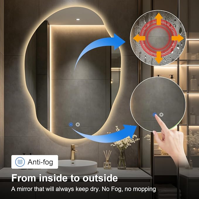 Asymmetrical Bathroom Mirror with Lights,Irregular LED Bathroom Vanity Mirror with Backlit,Anti-Fog,3 Colors and Dimmable Light with Memory,Hardwired Supported[Horizontal/Vertical] 60" H x 36" W