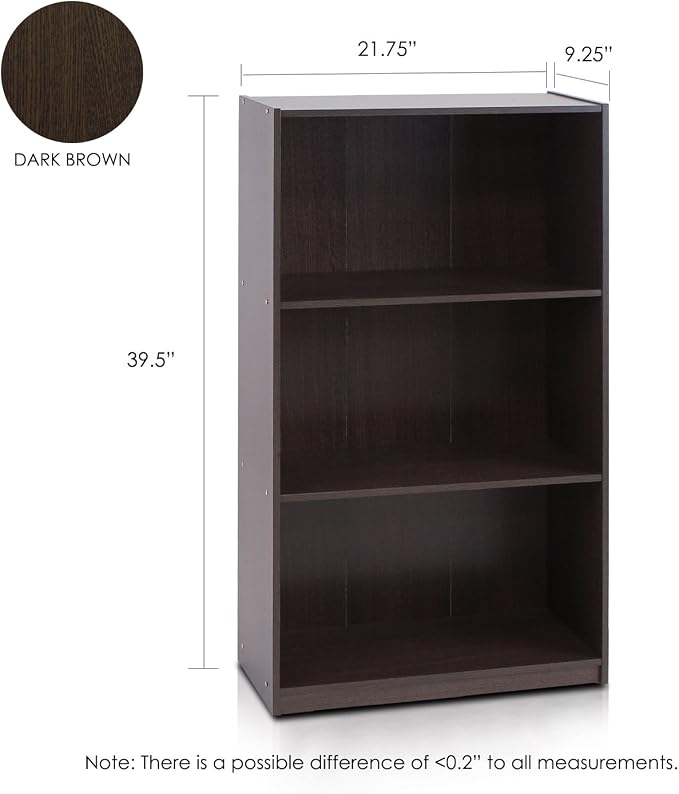 Furinno BASIC Book Shelf, 3-Tier Modern Bookshelf, Bookcase with Open Shelves, 9.3" x 21.8" x 39.5", for Living Room, Bedroom, Home Office, Dark Brown