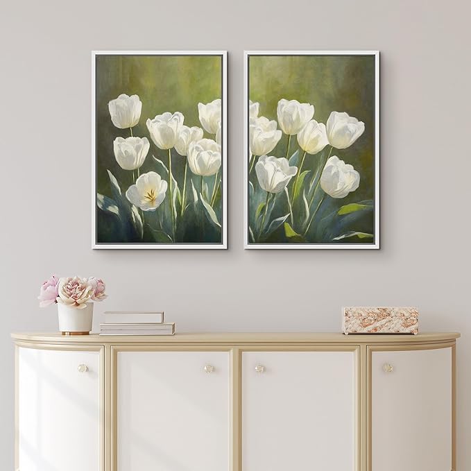 IDEA4WALL Framed Canvas Print Wall Art Set White Tulip Floral Botanical Bloom Illustrations Modern Art Decorative Bohemian Calm/Zen for Living Room, Bedroom, Office - 16"x24"x2 White
